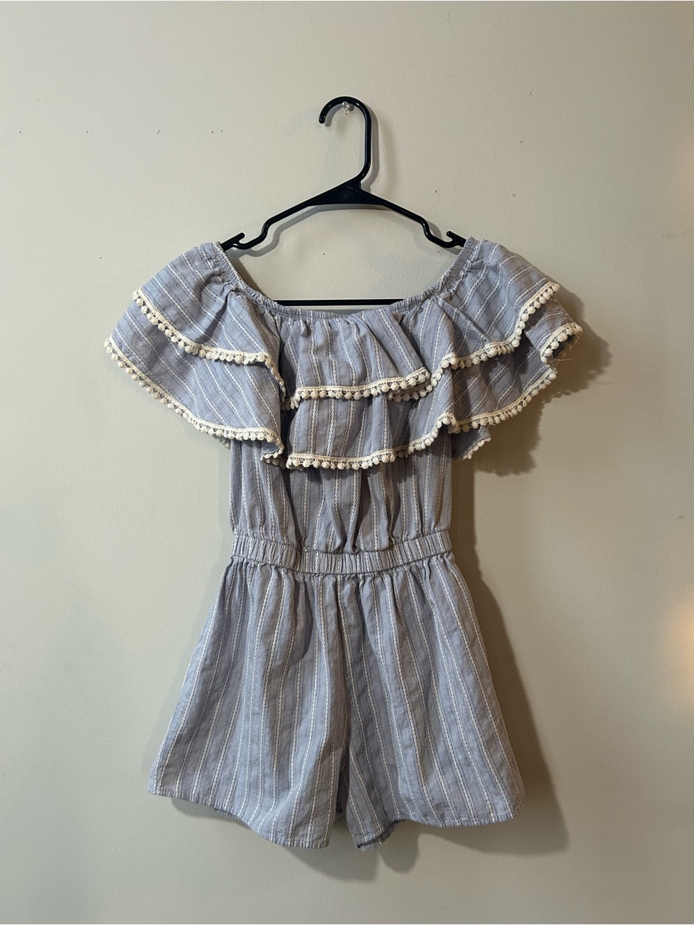 A’gaci Blue Striped Off-Shoulder Romper with Pom Trim